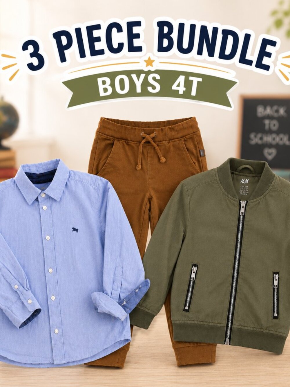 Boys 4T 3 Piece Fall Outfit Bundle H&M Bomber Jacket Shirt Joggers